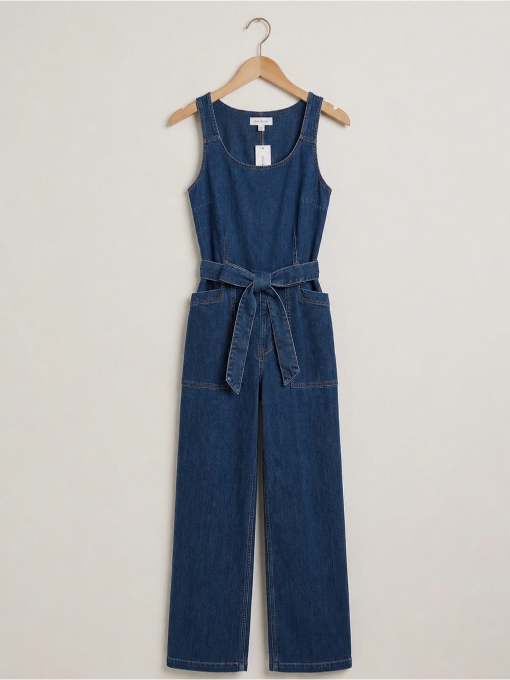 Indulge InStyle Size S Denim Jumpsuit Belted Wide Leg Sleeveless Romper Overall